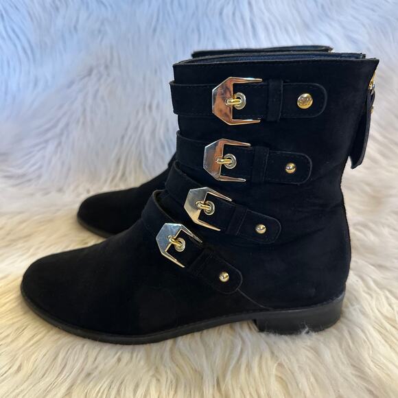 Stuart Weitzman Jitterbug Buckle Moto Boots Suede Flat Ankle Boots Black - Picture 6 of 13